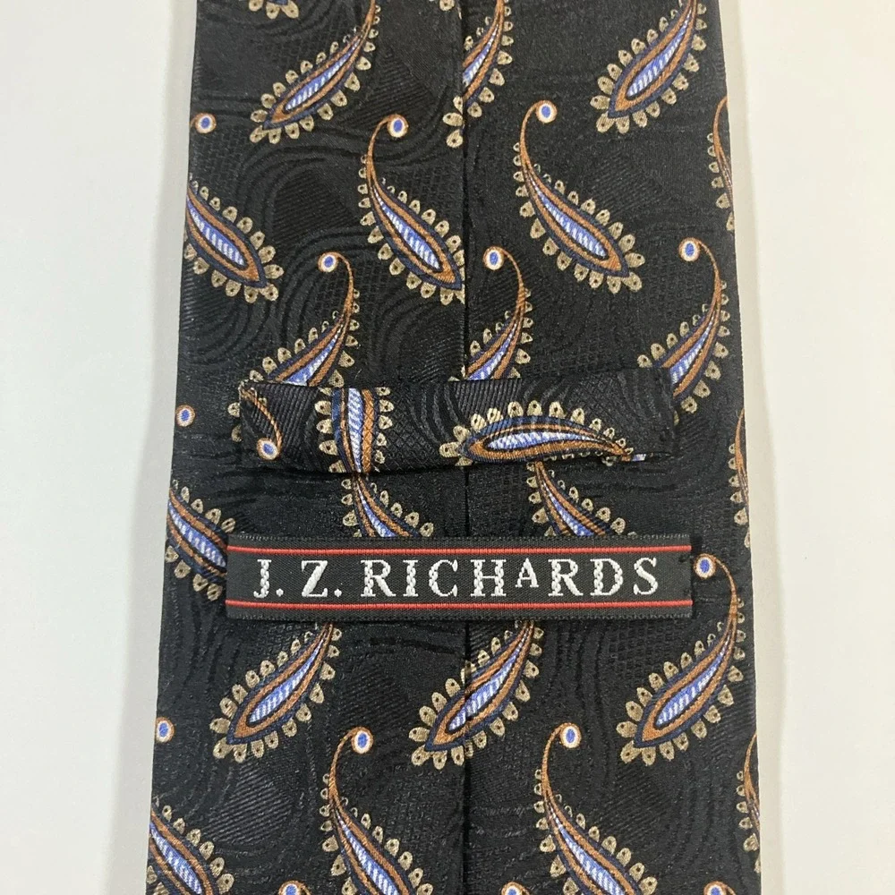 JZ Richards Silk Tie Black Gold Blue Paisley Handmade‎ in USA 61.75